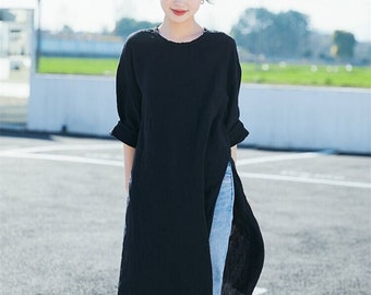 Women Linen Dress Linen Tunic Tops Long Tops Summer Half Sleeves Linen Midi Dress Boho Casual Loose Fitting Blouses Plus Size Clothing N318