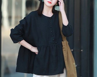 Women's 100% linen tops long sleeves shirt loose linen blouses oversized shirt plus size clothing custom linen tops boho summer tops N04