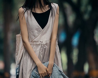 Vestido de lino de verano para mujer, vestido de lino sin mangas, vestido midi sin mangas con cinturón, ropa de talla grande, ropa de lino extragrande personalizada para mujer N41