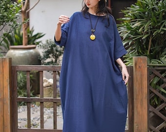 Women linen dress, linen maxi dress, linen long dress loose fit casual oversized linen tunic robes customized long robes F484