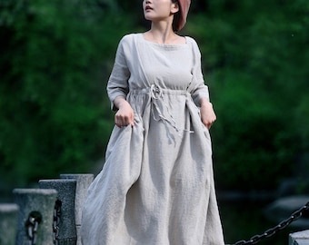 Women's linen dress, long sleeves dress with belt, linen maxi dress, loose casual shirt dress, oversized long robes, plus size clothing N275