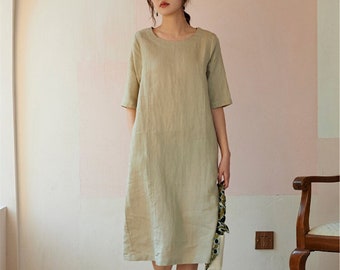 Linen Dresses for Women Linen Midi Dress Plus Size Dress Soft Loose Summer Tunic Robes Shift Dress Custom Handmade Boho Linen Clothing N17