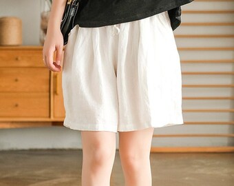 Frauen Leinen Shorts, Leinen Shorts mit weitem Bein, lockere Freizeithose, Herbst Frühling individuelle Shorts, plus Größe Shorts, Sommer Strand Shorts N88
