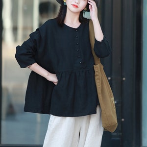 Women&#39;s 100% linen tops long sleeves shirt loose linen blouses oversized shirt plus size clothing custom linen tops boho summer tops N04