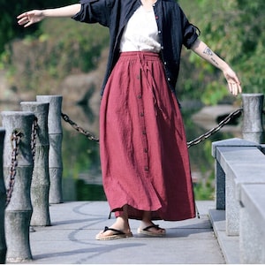 Cotton Linen Skirt for Women, Vintage Maxi Skirt, Bohemian Summer Skirts, Plus Size Skirt, Custom Burgunday Elastic Waist Skirt F478