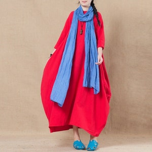 Women cotton linen dresses, long sleeve linen dress, maxi dress, soft loose casual oversized linen robes, customized plus size clothing A15