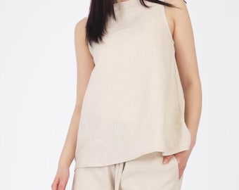 Women summer linen tops sleeveless tops loose fit waistcoa loose lady tank tops handmade 100% linen clothing causal boho vest girl gift F593