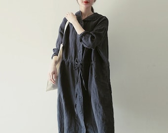 Summer linen dress for women half sleeves linen midi dress loose soft linen tunic robes dress plus size clothing custom linen clothing N255