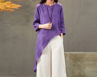 Linen tops for women, half sleeves top, linen blouses oversized shirt plus size clothing large size linen long top fall spring top boho N24