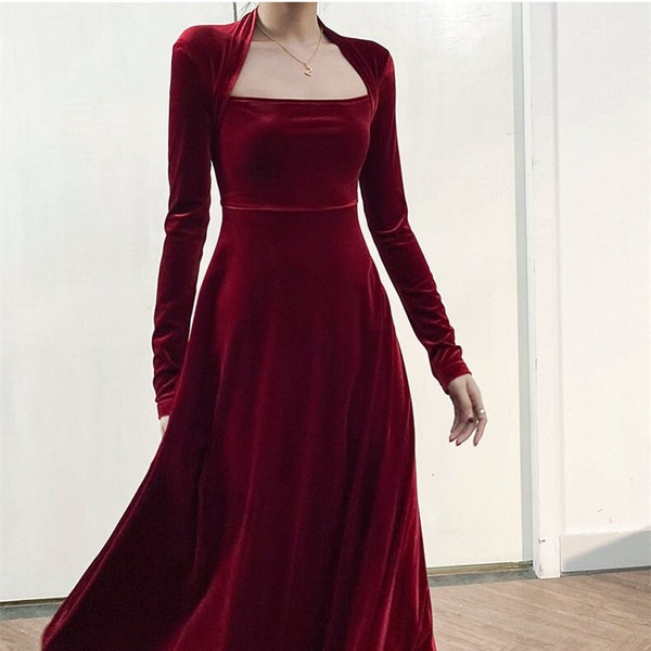 Samt Kleid für Frauen, Brautjungfer Kleid, Herbst Winter Custom Langarm Maxi Kleid, Plus Size Kleidung, Party Kleid, Abendkleid R65