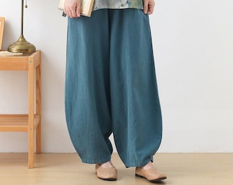 Women linen pants oversized wide leg pants full length harem pants loose casual maxi trousers fall winter custom long plus size pants A123