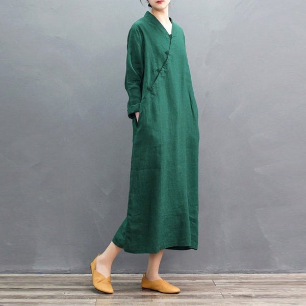 Linen dresses for women, maxi dress, long Sleeves dress, loose casual long dress, plus size dress, summer fall hand made custom dress N142