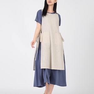 Delantal de lino puro para mujer, con lazo lateral y bolsillos, estilo pichi, estilo bohemio, estilo vintage, japonés, F580