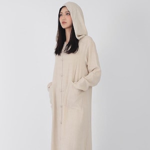 Women&#39;s cotton linen dresses hooded coat long hooded coat long sleeve maxi cardigan hoodie dress casual loose robes loose button dresses S24