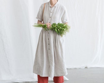 Women summer linen dress loose casual short sleeves shirt dress linen coat linen long shirt oversized custom plus size linen clothing A72-1