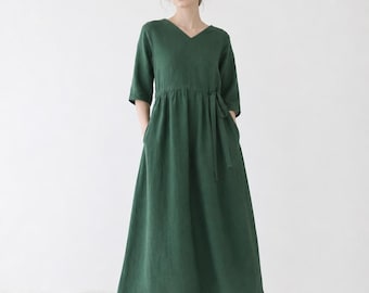 100% Linen Midi Dress: Half Sleeves, Loose Fit, Summer Style Handmade Custom Clothing F46
