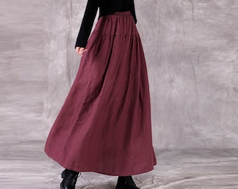 Falda de algodón de lino, Falda midi vintage, Falda Boho, Faldas de verano, falda de talla grande, falda de mujer, Falda personalizada, Falda de cintura elástica F06