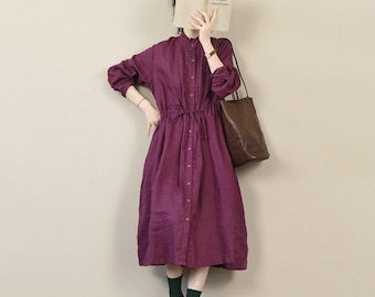 Women's linen midi dress,long sleeves linen dress, women loose dress, linen clothing, boho fall summer linen dresses with pockets  N264
