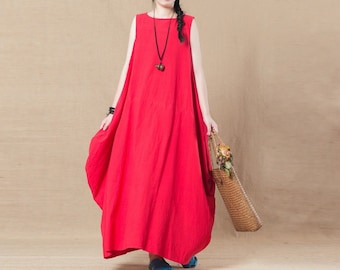 女性用リネンコットンドレス、ノースリーブドレス、リネンルーズドレス、リネンマキシドレス、オーバーサイズ服、プラスサイズドレス、サマードレス A15-1