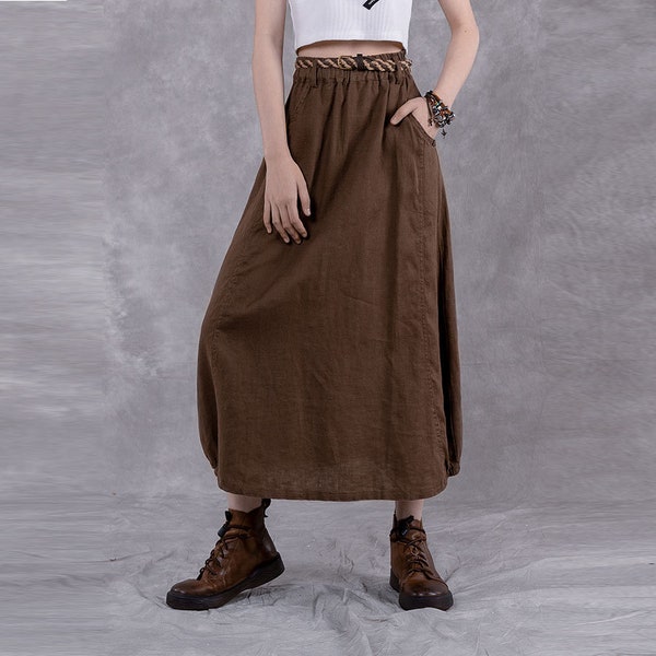 Linen cotton skirt, women Vintage midi Skirt, Bohemian Skirt, Summer skirts, plus size skirt, Custom skirt, Elastic waist skirt N174-1