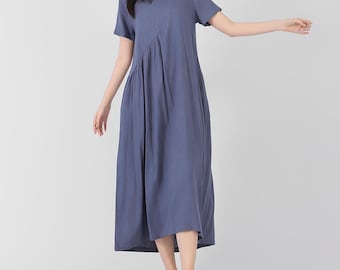 Women's Cotton Dress Short Sleeve Dress Summer Dress Loose Casual Maxi Dress Linen Soft Robe Bohemian Handmade Oversized Custom Clothing A26