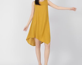 Women's linen cotton dress sleeveless dress linen loose dress linen madi dress summer irregular hem soft dress asymmetrical dress A66