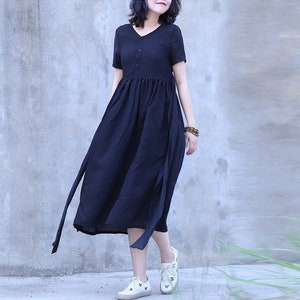 Linen dresses women dresses midi dress short Sleeves dress loose casual long dress plus size dress summer fall hand made custom dress N274