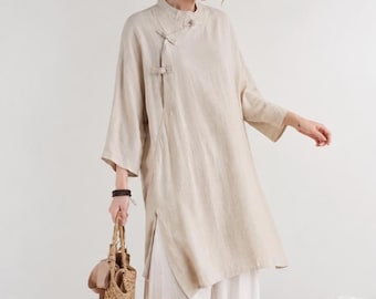 100% Linen Chinese Style Blouse – Loose Oversized Top, Handmade Custom Fit F241