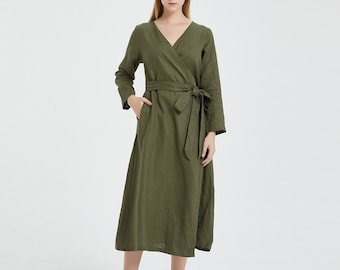 Women Wrap linen dress long sleeve maxi dress loose casual oversized long linen robes spring fall dress customized plus size clothing R17