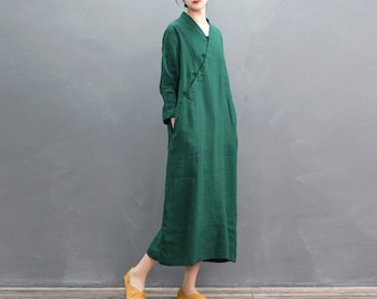 Linen dresses for women, maxi dress, long Sleeves dress, loose casual long dress, plus size dress, summer fall hand made custom dress N142