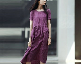 Women linen dresses short sleeve midi dress 100% linen long dress soft loose casual oversized linen robes plus size clothing N107