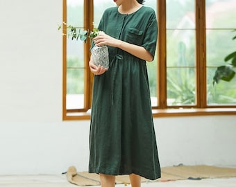 Linen Dresses for Women short sleeve pure Linen Midi dress Plus size dress linen custom dress loose casual soft boho summer dress N26