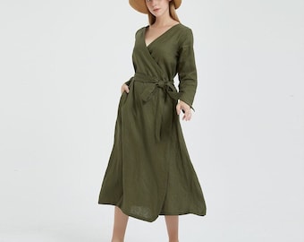 Women linen wrap dress long sleeve maxi dress loose casual oversized linen tunic robes spring fall dress customized plus size clothing R17