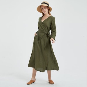 Women linen wrap dress long sleeve maxi dress loose casual oversized linen tunic robes spring fall dress customized plus size clothing R17