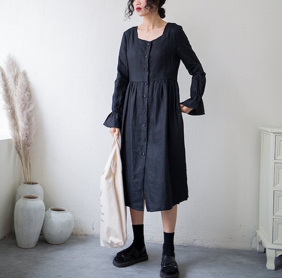 Women's Linen Dress, Long Sleeved Dress, Pure Linen Long Dress, Soft Loose  Casual Oversized Linen Robes, Customized Plus Size Clothing N210 -   Canada
