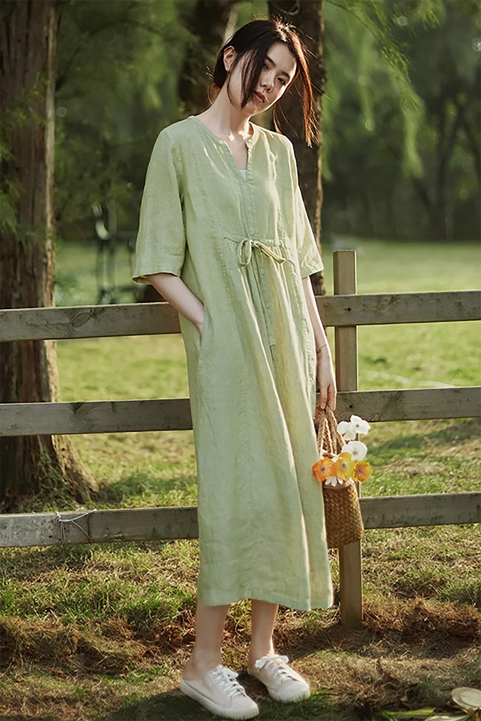 light green linen dress Sage Green Linen Button-Down Dress, Lapel Collar, Cap Sleeves