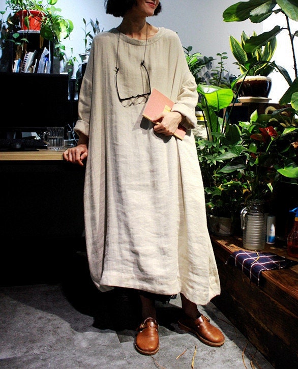 Pure Linen Long Sleeves Dress for Women Linen Maxi Dress Large - Etsy