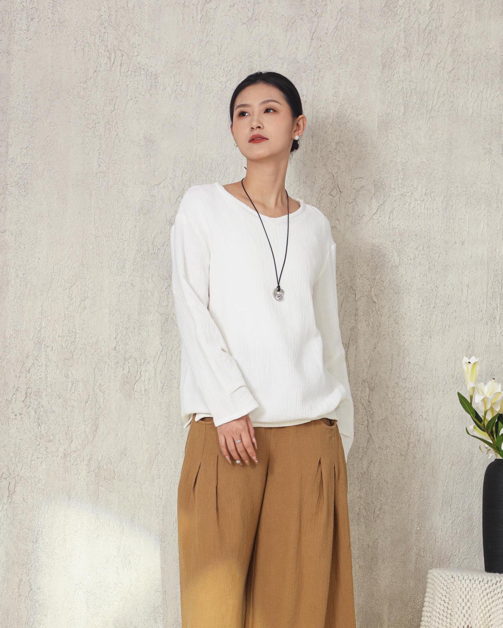 Cotton Linen Long Sleeve Blouse, Custom Loose Fit Top V Neck Warm Tops ...