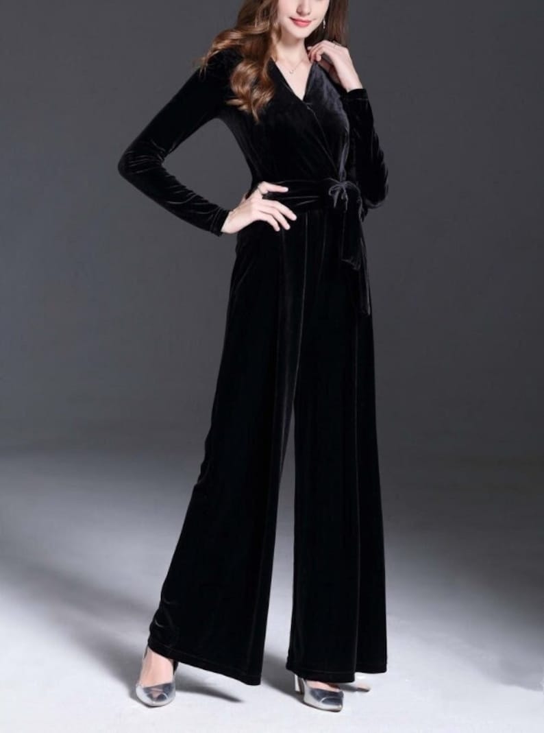 Velvet Jumpsuit Women V Neck Long Sleeves Velvet Romper Wide Etsy