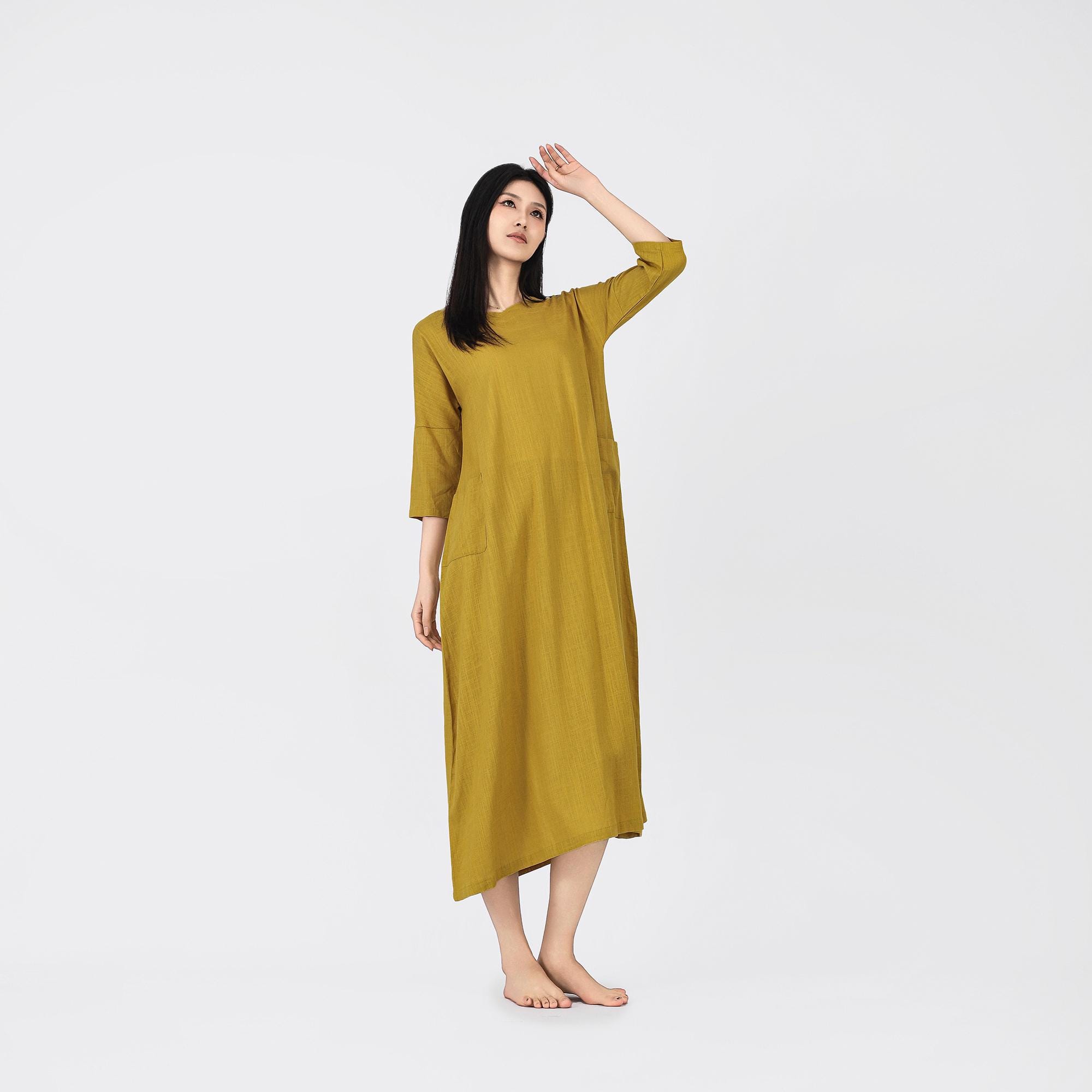 Cotton Linen Half Sleeve Dress Summer Soft Casual Loose Robes Linen ...