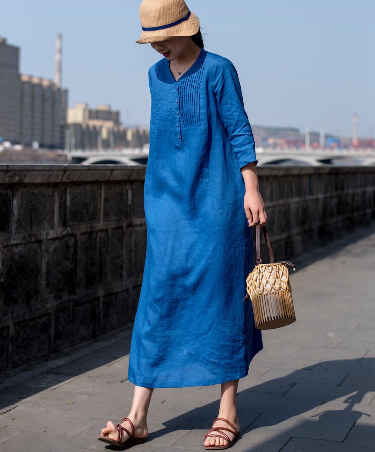 Women's Linen Dress Linen Maxi Dress Pleated Linen Long | Etsy
