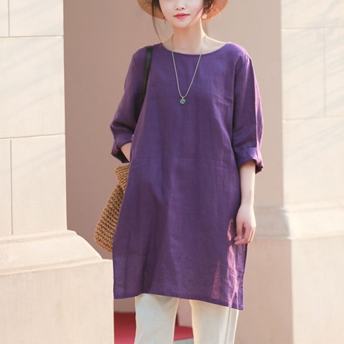 Tunique 100 % lin, hauts à manches longues, chemisiers amples en lin, chemise oversize grande taille, vêtements faits main personnalisés boho N12
