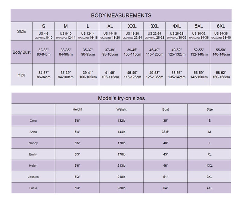 May include: A chart showing body measurements for different sizes, from S to 6XL, in inches and centimeters. The chart also includes a section for model's try-on sizes, showing the height, weight, bust size, and corresponding size for different models.