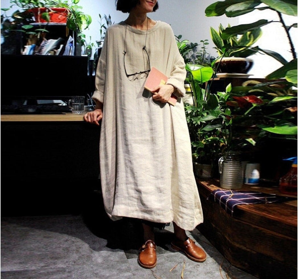 Women Linen Long Sleeves Dress Linen maxi dress large size linen long dress custom handmade dress soft casual loose dress caftan N1