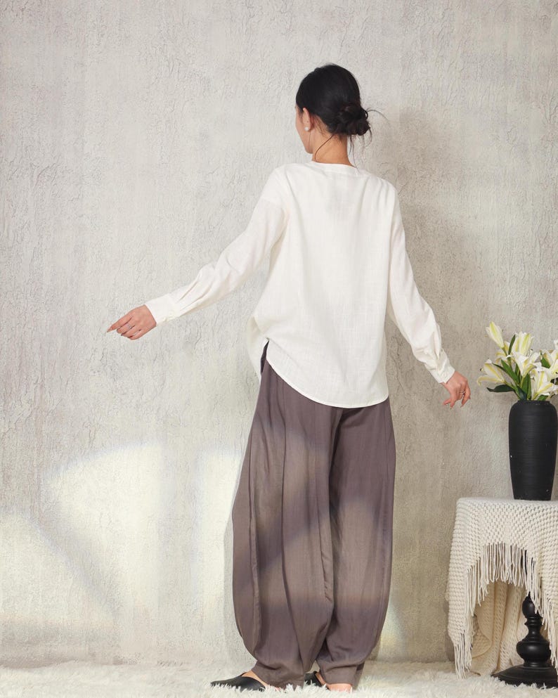 Long Sleeve Linen Cotton Shirt: Minimalist Zen Clothing, Relaxed Fit Top F788 image 4