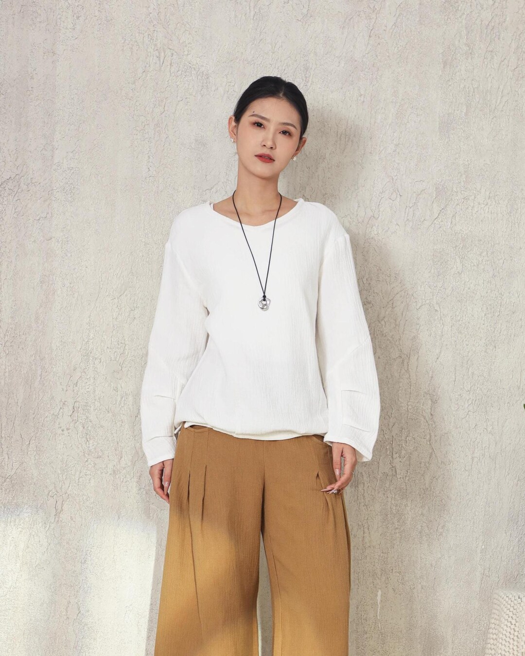 Cotton Linen Long Sleeve Blouse, Custom Loose Fit Top V Neck Warm Tops ...