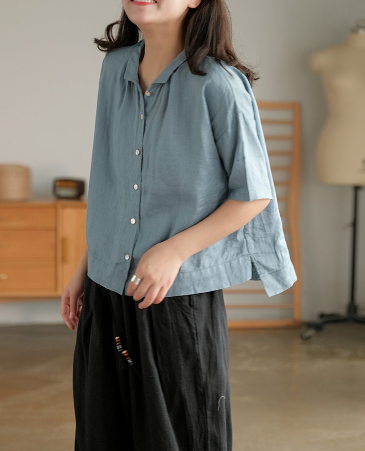 Women linen shirtLinen top short sleeves shirt loose linen | Etsy