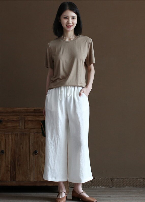 【in a row】Linen Span Skirt Pants Off White Linen Pleated Midi Skirt | Tausi – motelrocks-com-us