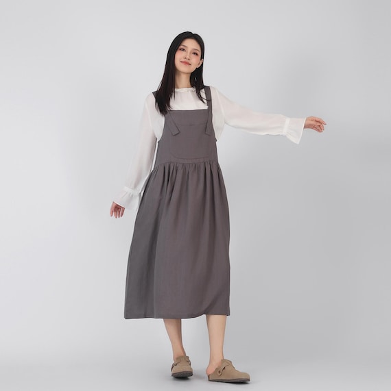 Summer Apron Dress Sleeveless Slip Dress Casual Oversized Dress Custom Strap Pleated Dress Linen Long Slip Dress Plus Size Clothing F146