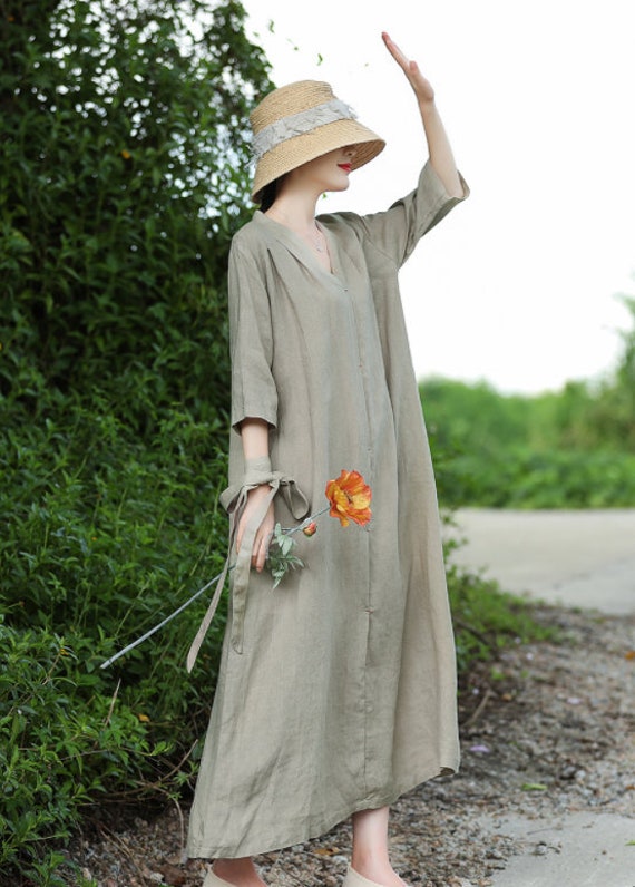 Women Cotton Linen Dresses Linen Midi Dress Long Dress Soft Loose Casual  Oversized Linen Robes Customized Plus Size Clothing N150 